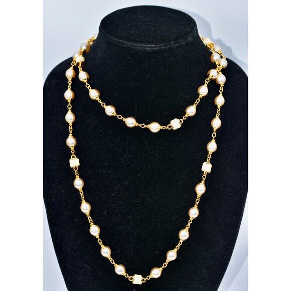 St. John Long Baroque Costume Enamel Pearl & Gold-Tone Link Necklace 45" NWT - Picture 2 of 6
